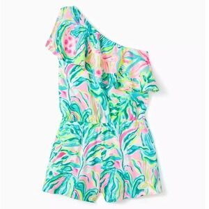 $60 Lilly Pulitzer Kids One Shoulder Ruffle Romper Palm Leaf Print Size 8-10